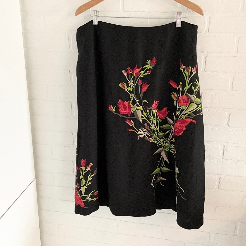 Y2K Embroidered Linen Blend Midi Skirt Romantic Statement Lined Floral Roses 16 - Picture 4 of 11